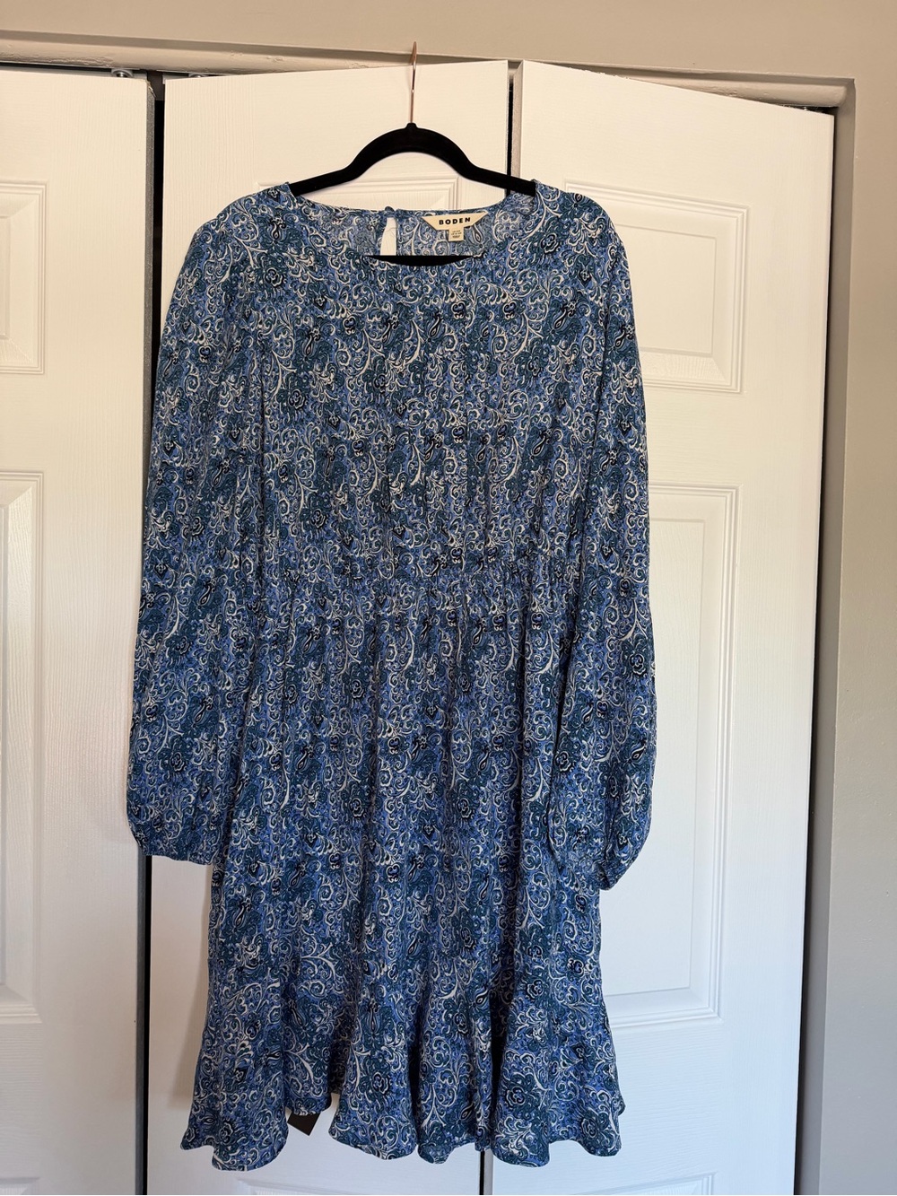 Boden Long Sleeve Flowy Blue Printed Midi Dress